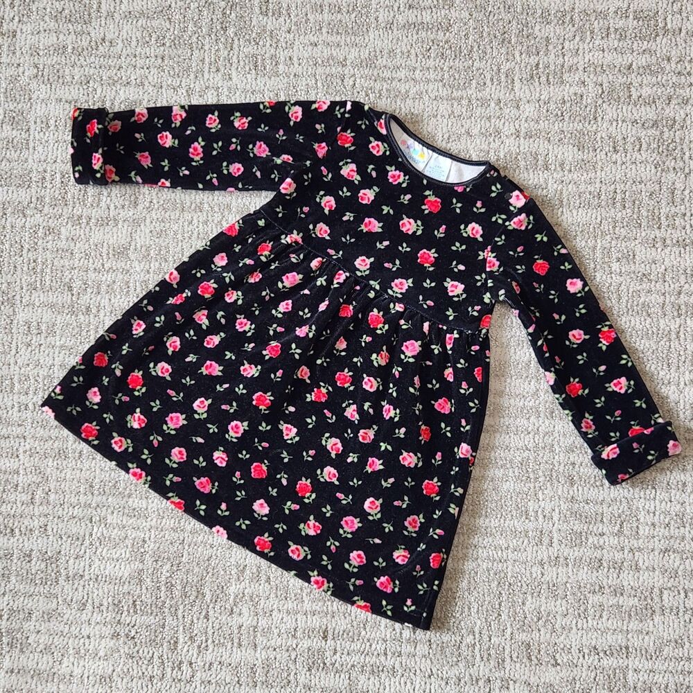 Vintage Miniwear Black Rose Velour Long Sleeve Toddler Dress 24M